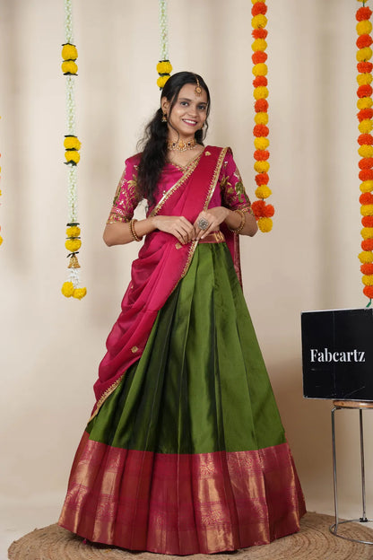 Amrutha South Indian Festival Traditional Half Saree with Embroidered Blouse & Dupatta