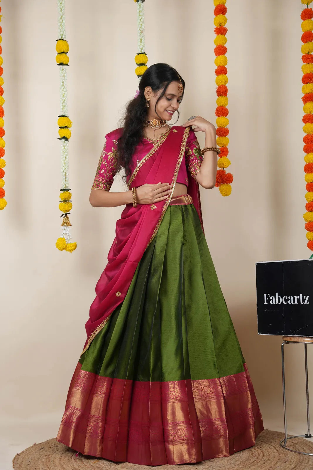 Amrutha South Indian Festival Traditional Half Saree with Embroidered Blouse & Dupatta