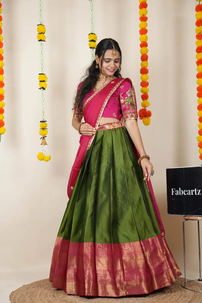Amrutha South Indian Festival Traditional Half Saree with Embroidered Blouse & Dupatta