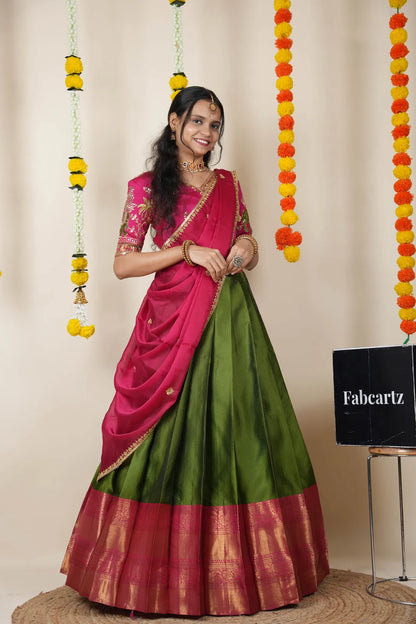 Amrutha South Indian Festival Traditional Half Saree with Embroidered Blouse & Dupatta