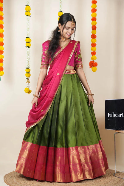 Amrutha South Indian Festival Traditional Half Saree with Embroidered Blouse & Dupatta