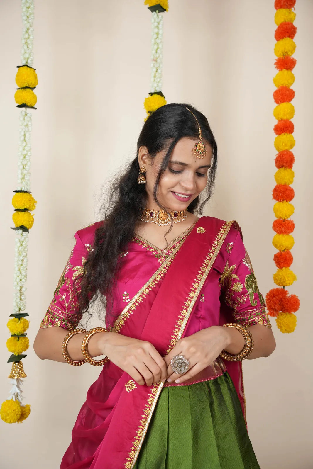 Amrutha South Indian Festival Traditional Half Saree with Embroidered Blouse & Dupatta