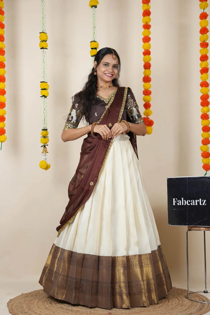Amrutha South Indian Festival Traditional Half Saree with Embroidered Blouse & Dupatta