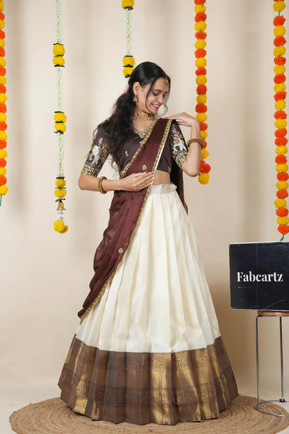 Amrutha South Indian Festival Traditional Half Saree with Embroidered Blouse & Dupatta