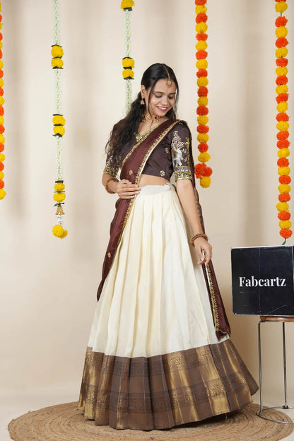 Amrutha South Indian Festival Traditional Half Saree with Embroidered Blouse & Dupatta