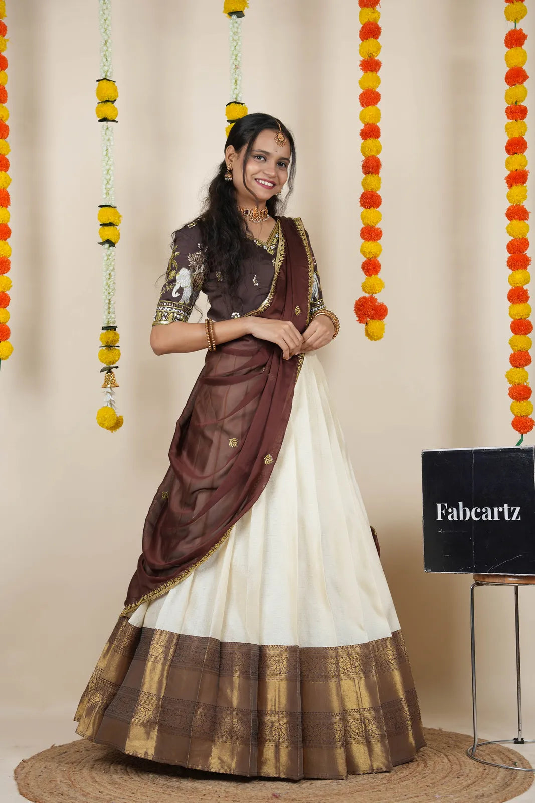 Amrutha South Indian Festival Traditional Half Saree with Embroidered Blouse & Dupatta