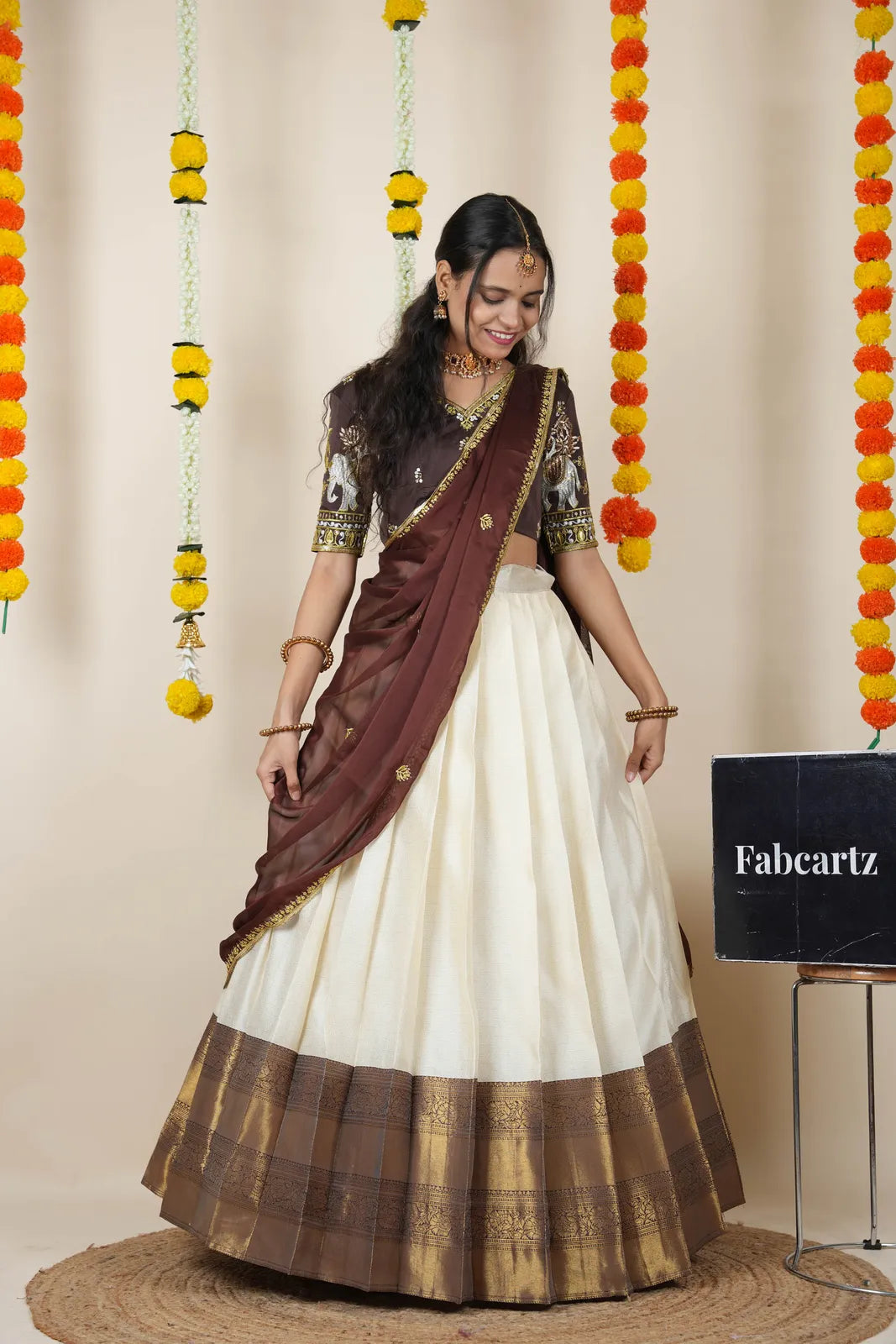 Amrutha South Indian Festival Traditional Half Saree with Embroidered Blouse & Dupatta