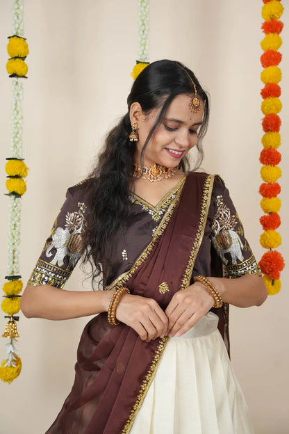 Amrutha South Indian Festival Traditional Half Saree with Embroidered Blouse & Dupatta