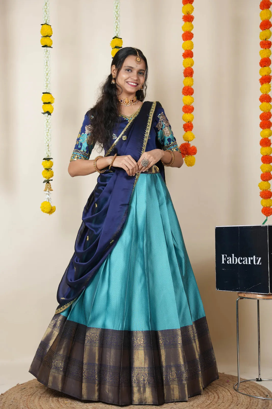 Amrutha South Indian Festival Traditional Half Saree with Embroidered Blouse & Dupatta