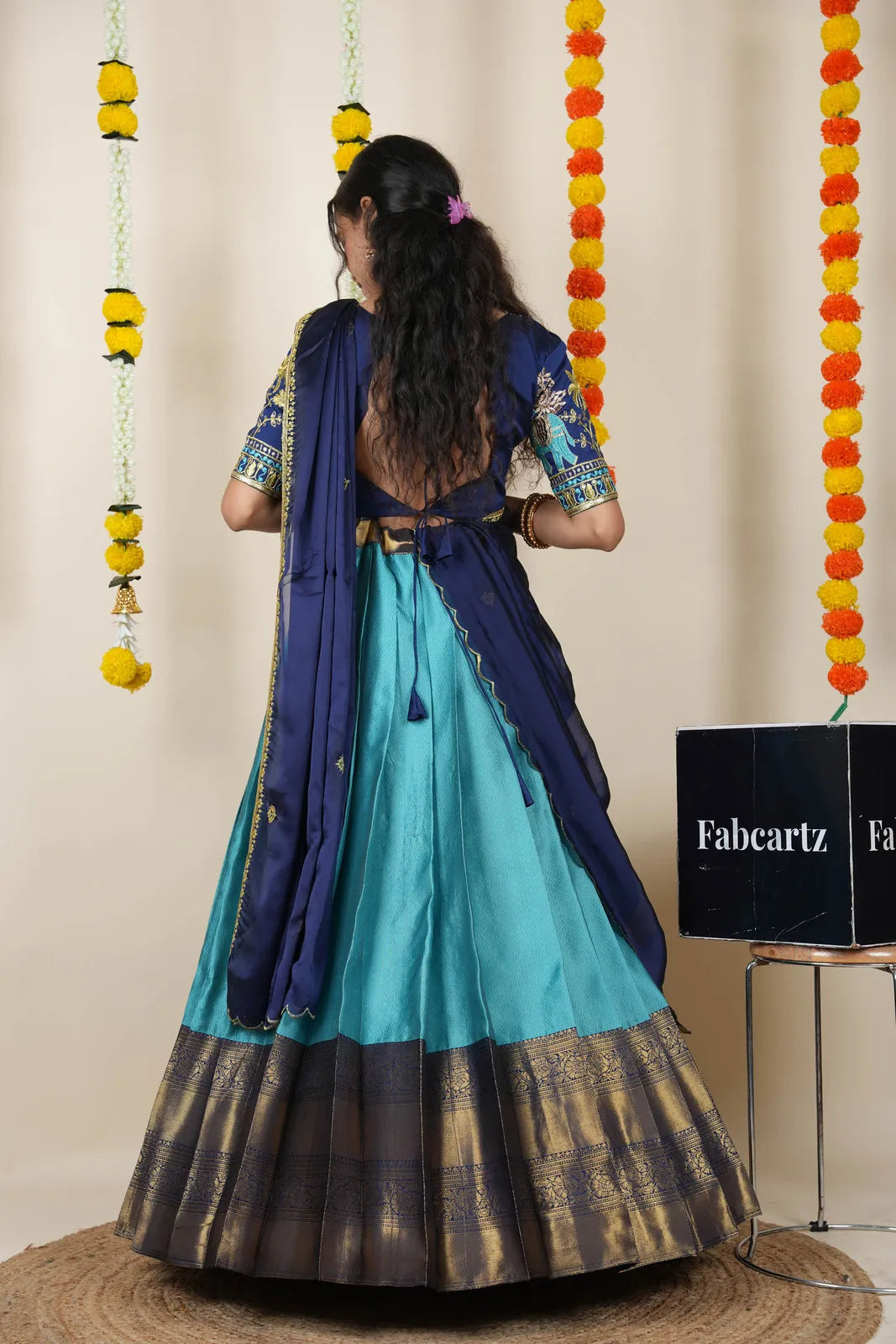 Amrutha South Indian Festival Traditional Half Saree with Embroidered Blouse & Dupatta