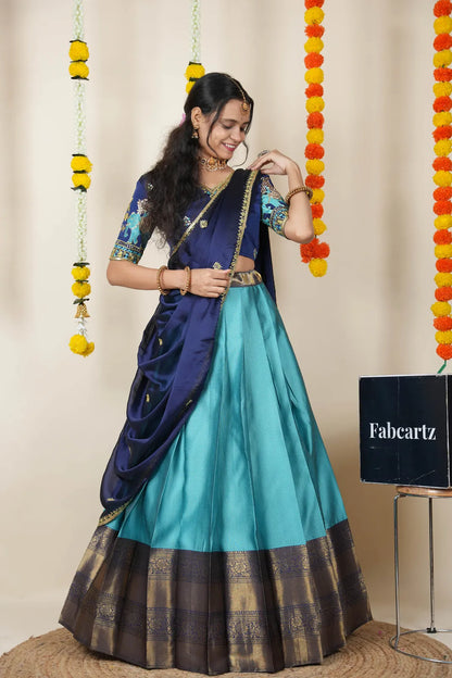 Amrutha South Indian Festival Traditional Half Saree with Embroidered Blouse & Dupatta