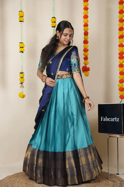 Amrutha South Indian Festival Traditional Half Saree with Embroidered Blouse & Dupatta