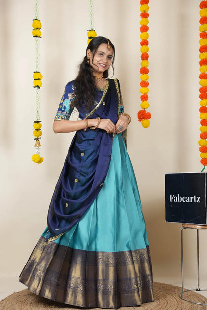 Amrutha South Indian Festival Traditional Half Saree with Embroidered Blouse & Dupatta