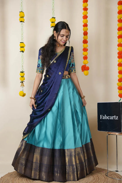 Amrutha South Indian Festival Traditional Half Saree with Embroidered Blouse & Dupatta