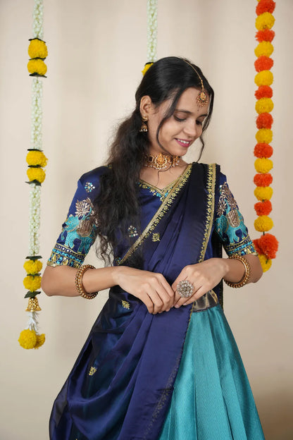 Amrutha South Indian Festival Traditional Half Saree with Embroidered Blouse & Dupatta