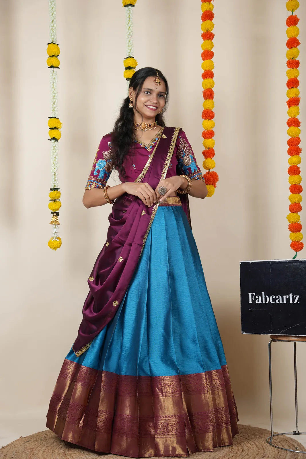 Amrutha South Indian Festival Traditional Half Saree with Embroidered Blouse & Dupatta