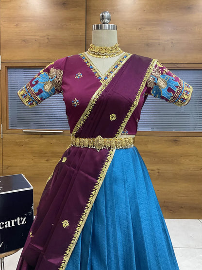 Amrutha South Indian Festival Traditional Half Saree with Embroidered Blouse & Dupatta