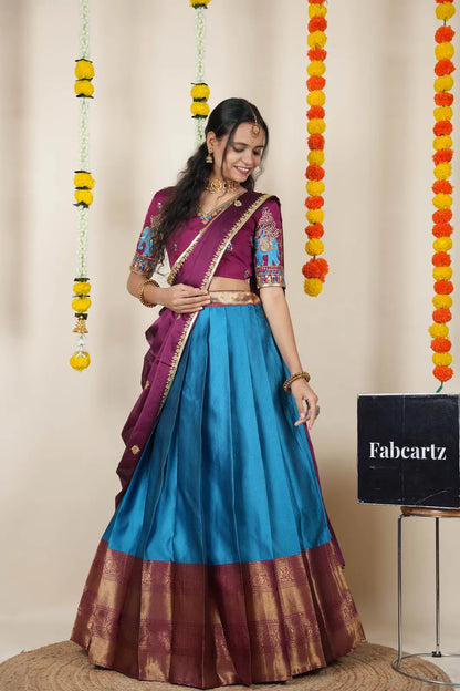 Amrutha South Indian Festival Traditional Half Saree with Embroidered Blouse & Dupatta