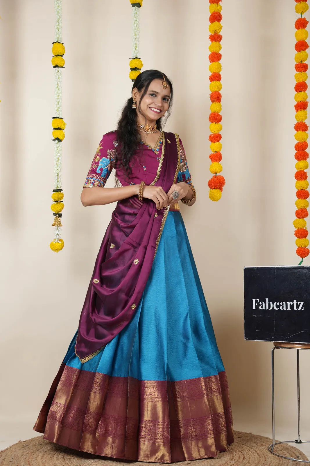 Amrutha South Indian Festival Traditional Half Saree with Embroidered Blouse & Dupatta