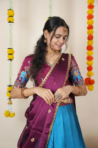 Amrutha South Indian Festival Traditional Half Saree with Embroidered Blouse & Dupatta