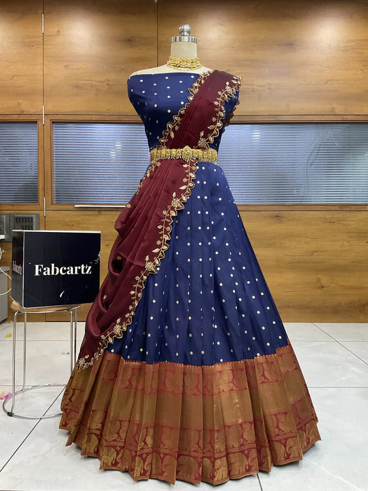 ButtiRango/Aroli South Indian Festival Traditional Half Saree with Blouse & Embroidered Dupatta