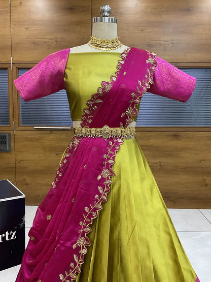 ButtiRango/Aroli South Indian Festival Traditional Half Saree with Blouse & Embroidered Dupatta