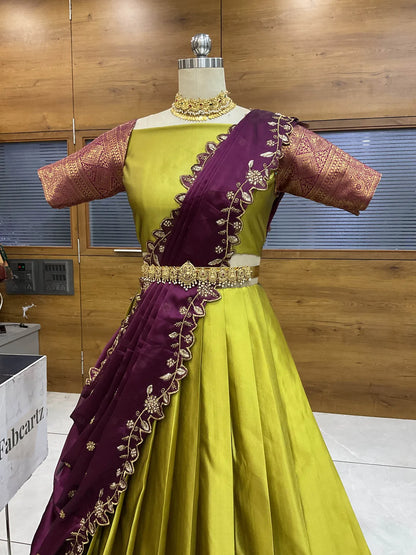 ButtiRango/Aroli South Indian Festival Traditional Half Saree with Blouse & Embroidered Dupatta