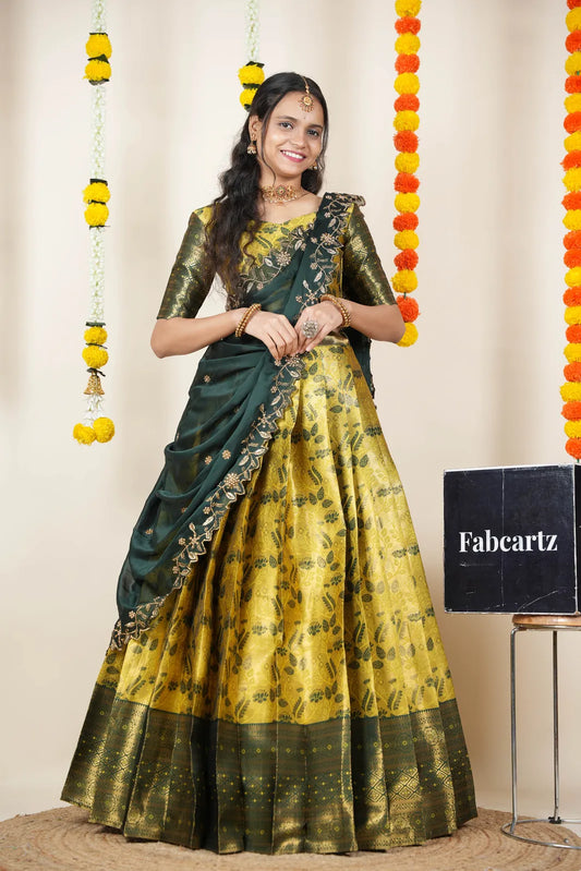 (Udaya) South Indian Festival Traditional Half Saree with Embroidered Blouse & Dupatta