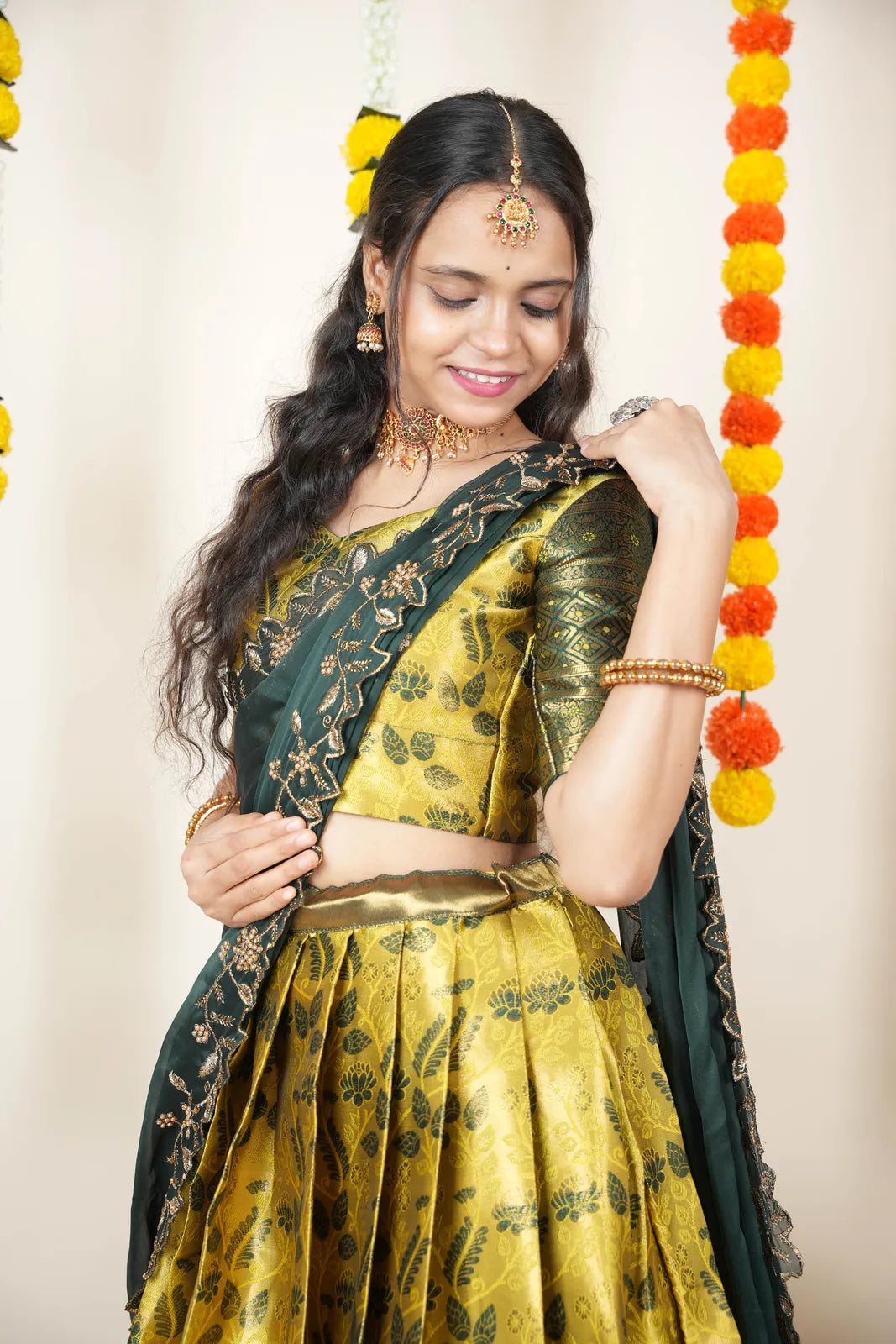 (Udaya) South Indian Festival Traditional Half Saree with Embroidered Blouse & Dupatta