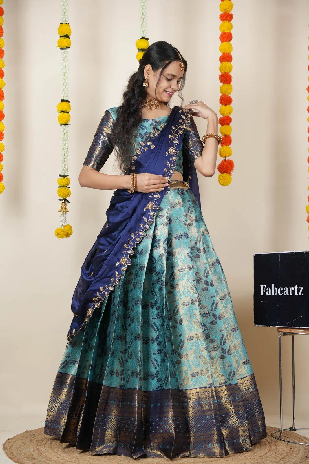 (Udaya) South Indian Festival Traditional Half Saree with Embroidered Blouse & Dupatta