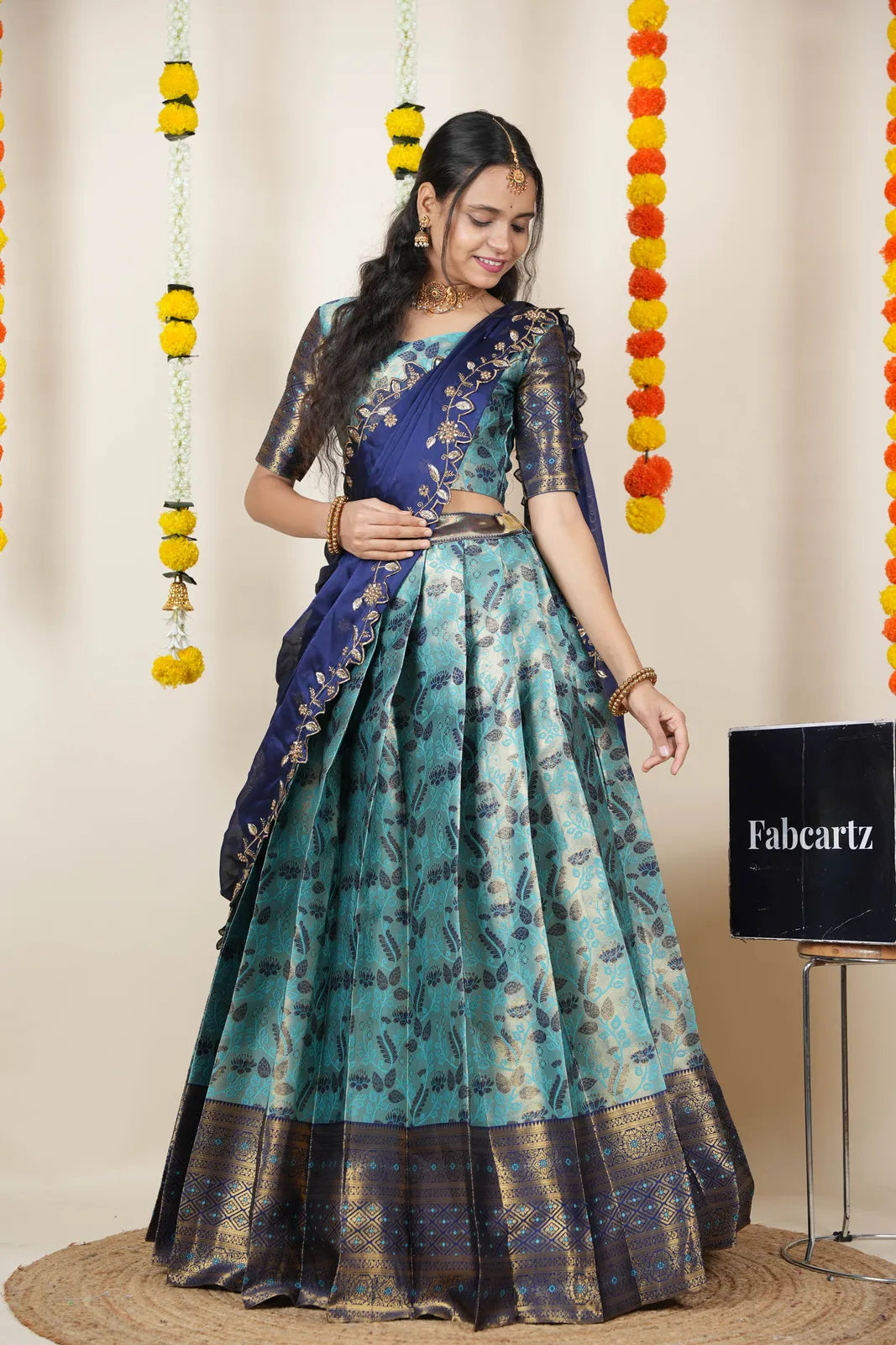 (Udaya) South Indian Festival Traditional Half Saree with Embroidered Blouse & Dupatta