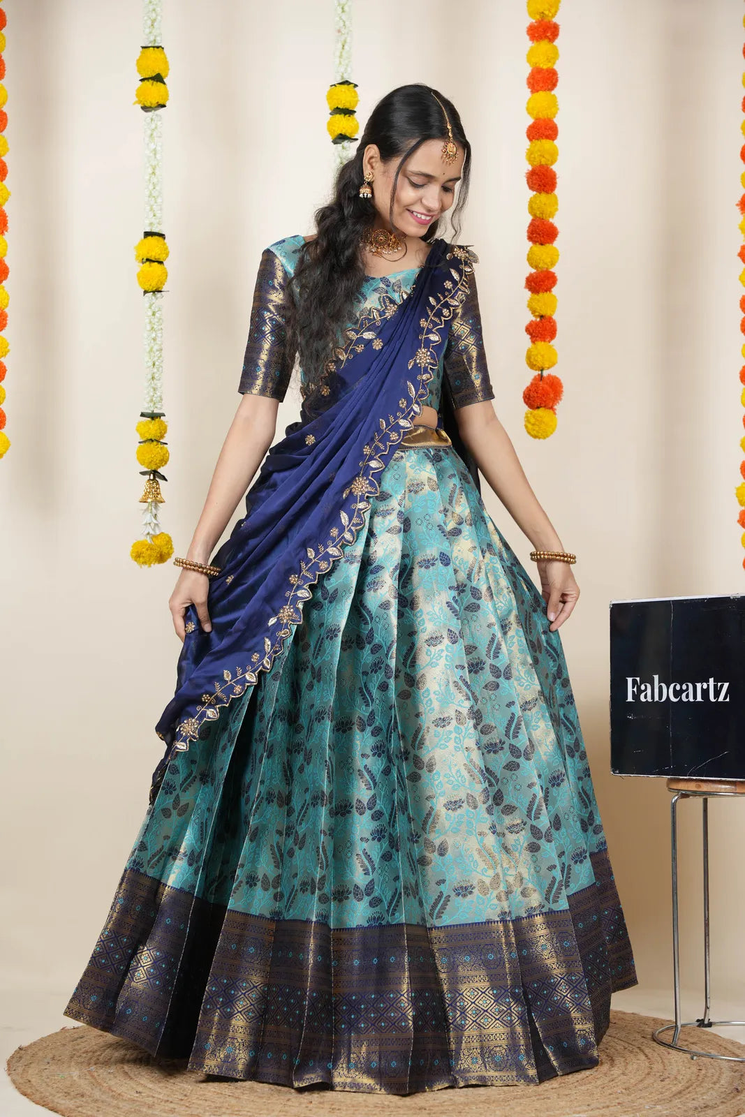 (Udaya) South Indian Festival Traditional Half Saree with Embroidered Blouse & Dupatta