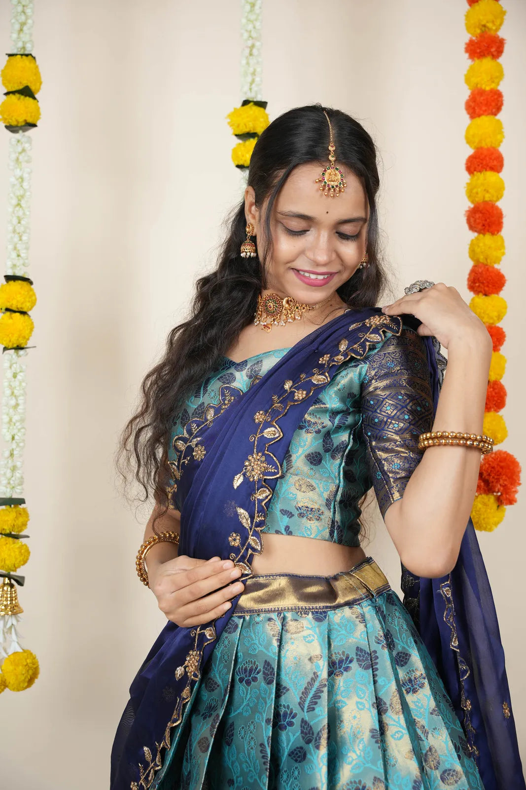 (Udaya) South Indian Festival Traditional Half Saree with Embroidered Blouse & Dupatta