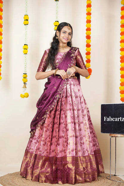 (Udaya) South Indian Festival Traditional Half Saree with Embroidered Blouse & Dupatta