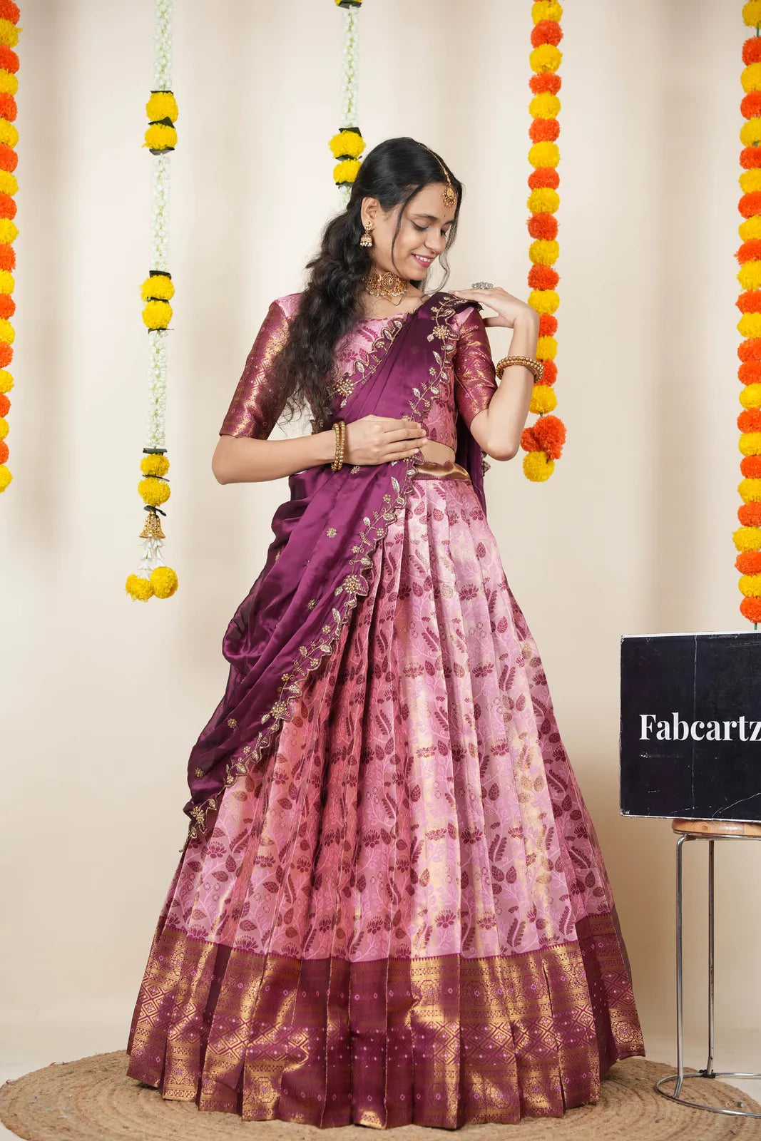(Udaya) South Indian Festival Traditional Half Saree with Embroidered Blouse & Dupatta