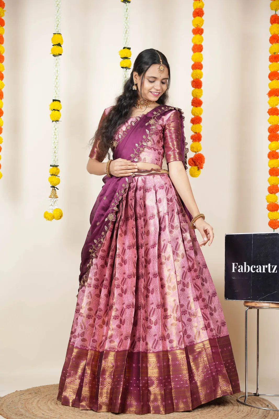 (Udaya) South Indian Festival Traditional Half Saree with Embroidered Blouse & Dupatta