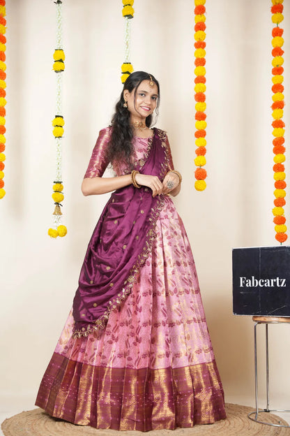 (Udaya) South Indian Festival Traditional Half Saree with Embroidered Blouse & Dupatta