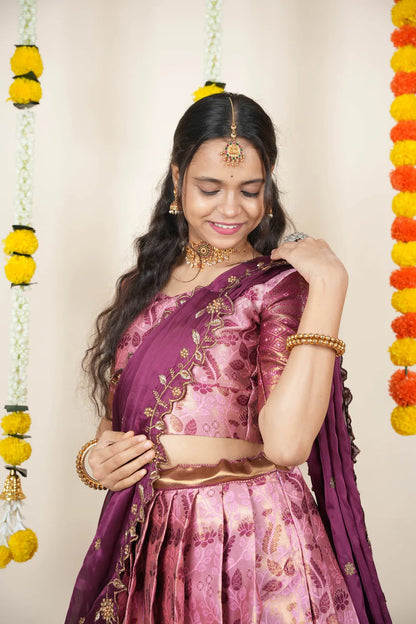(Udaya) South Indian Festival Traditional Half Saree with Embroidered Blouse & Dupatta