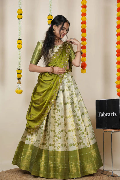 (Udaya) South Indian Festival Traditional Half Saree with Embroidered Blouse & Dupatta