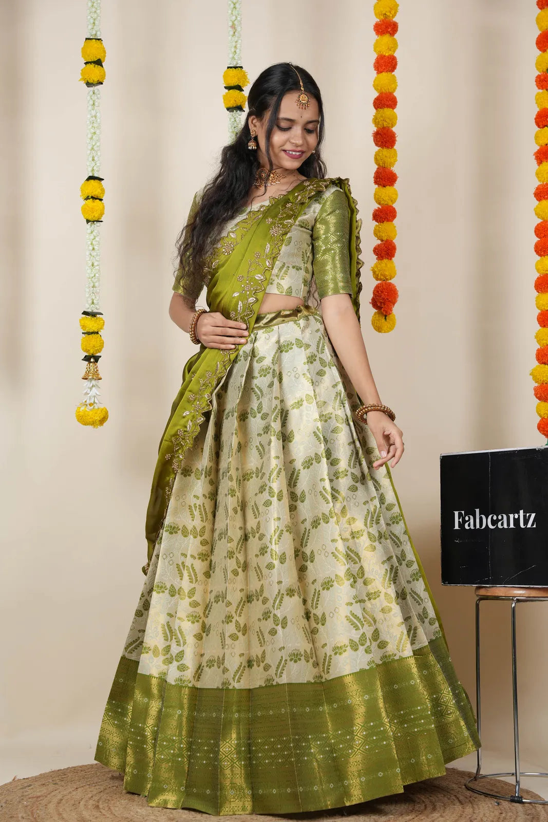 (Udaya) South Indian Festival Traditional Half Saree with Embroidered Blouse & Dupatta