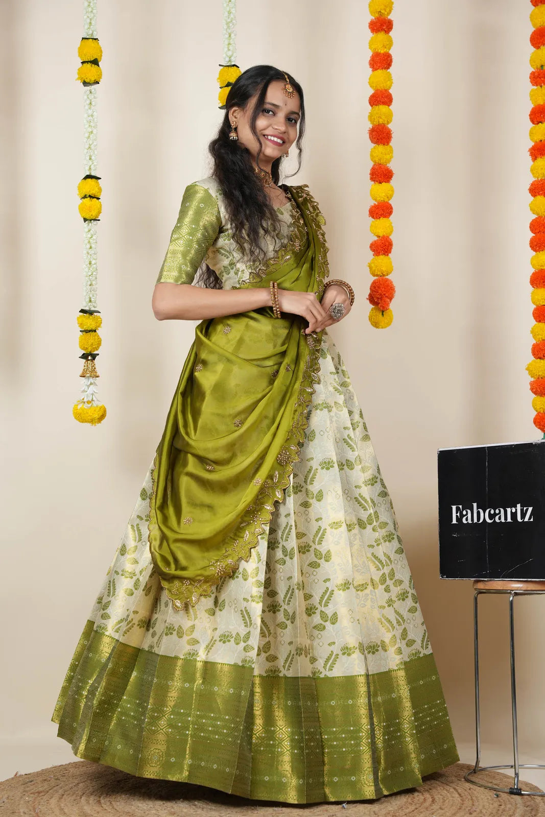 (Udaya) South Indian Festival Traditional Half Saree with Embroidered Blouse & Dupatta