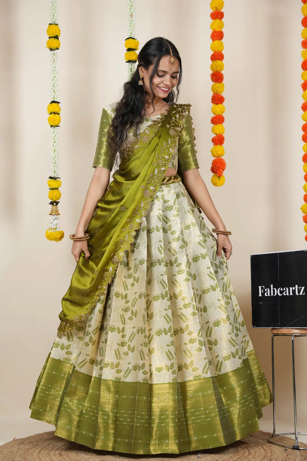 (Udaya) South Indian Festival Traditional Half Saree with Embroidered Blouse & Dupatta
