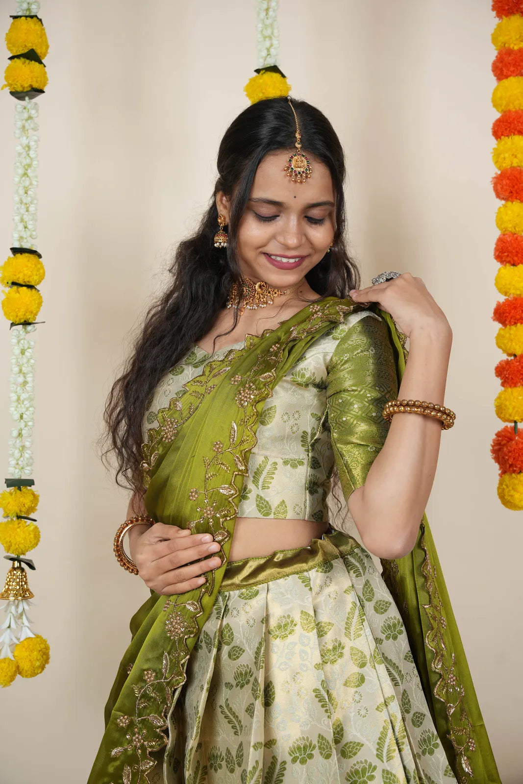 (Udaya) South Indian Festival Traditional Half Saree with Embroidered Blouse & Dupatta