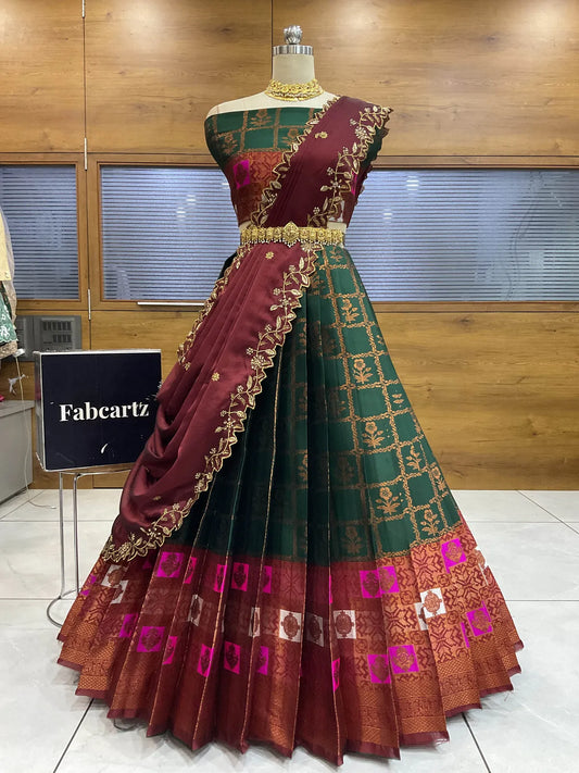 (MultiRango) South Indian Festival Traditional Half Saree with Embroidered Blouse & Dupatta