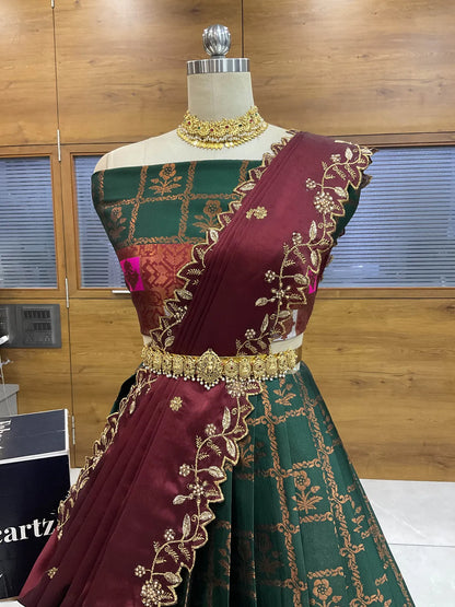 (MultiRango) South Indian Festival Traditional Half Saree with Embroidered Blouse & Dupatta