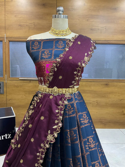 (MultiRango) South Indian Festival Traditional Half Saree with Embroidered Blouse & Dupatta