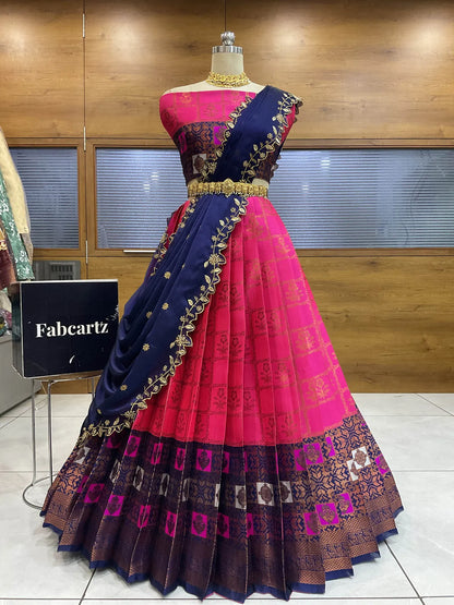 (MultiRango) South Indian Festival Traditional Half Saree with Embroidered Blouse & Dupatta