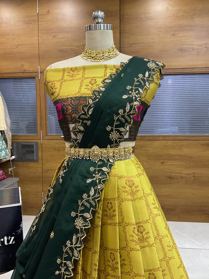 (MultiRango) South Indian Festival Traditional Half Saree with Embroidered Blouse & Dupatta