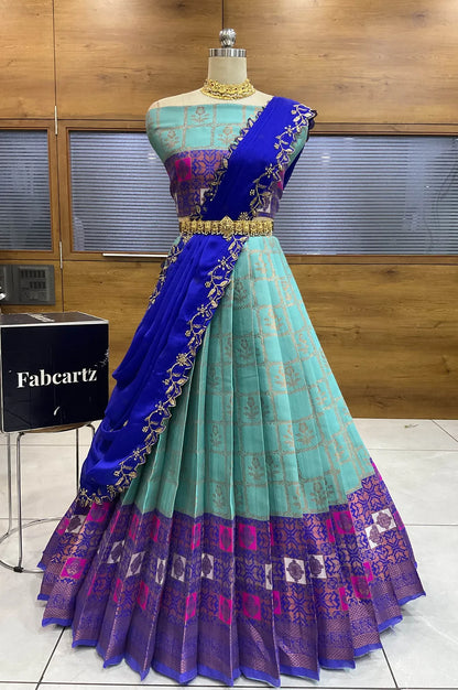 (MultiRango) South Indian Festival Traditional Half Saree with Embroidered Blouse & Dupatta