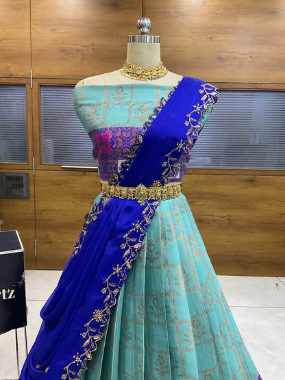 (MultiRango) South Indian Festival Traditional Half Saree with Embroidered Blouse & Dupatta